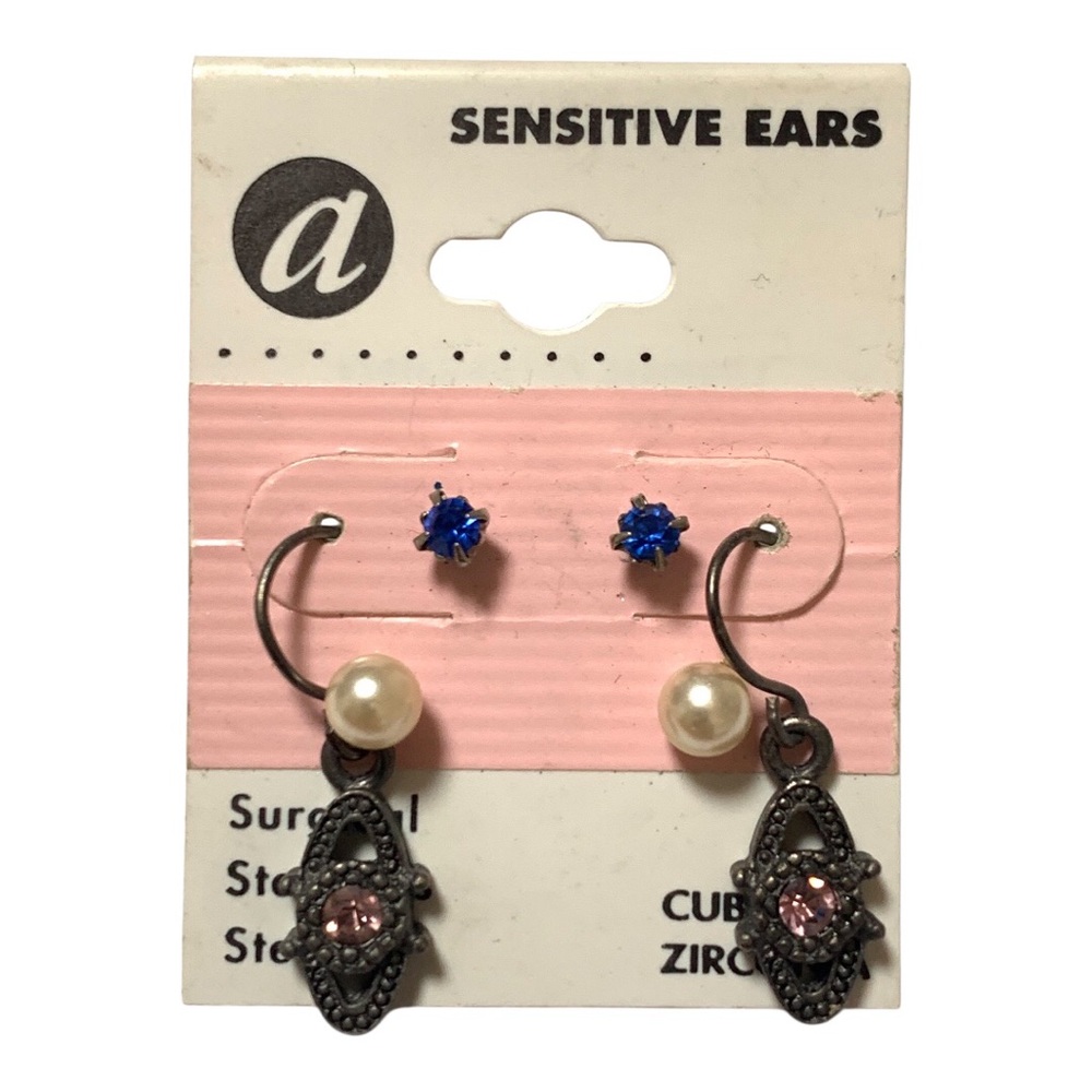 Delicate Pink and Blue Stone and pearl Earrings set